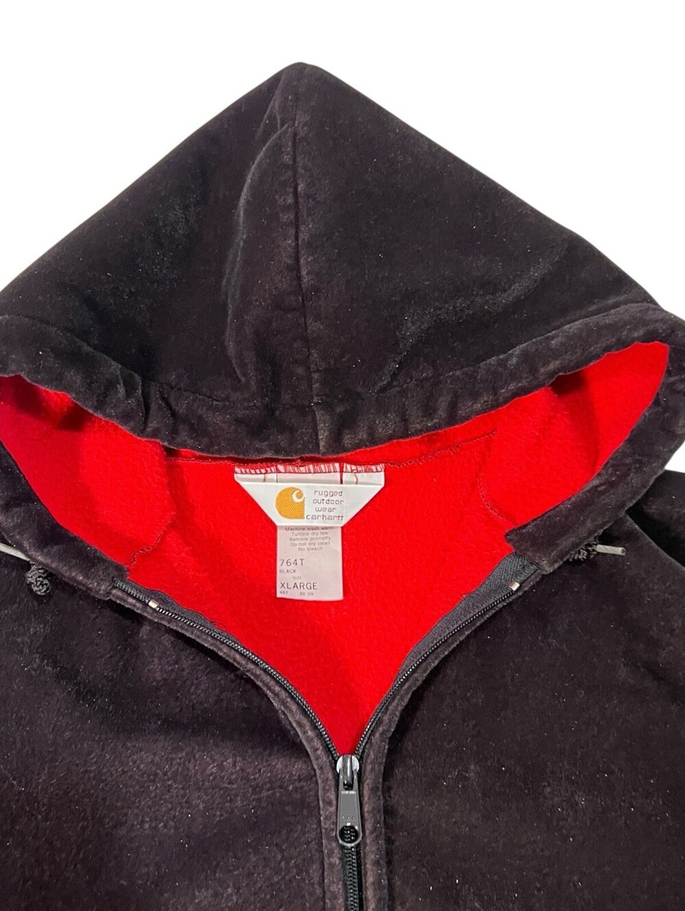 Vintage Carhartt 764T Black Velour Hooded Jacket Red Lined Full Zip USA XL